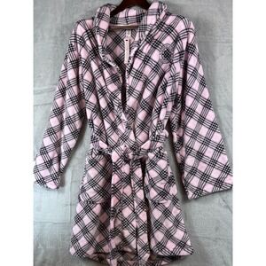 Victoria's Secret Women M/L Plaid Short Fleece Robe Pink Black Soft Plush NWT
